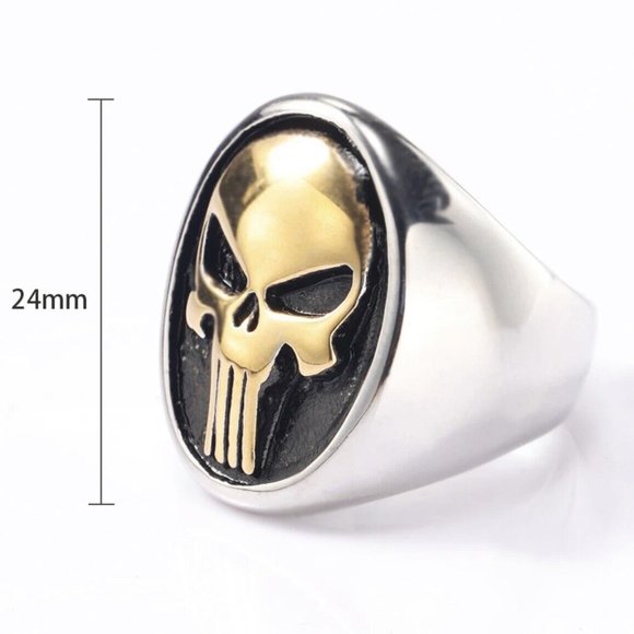 New Gold Plated Tone Stainless Steel Mens Biker Punisher Skull Ring Size 7-15 - Picture 4 of 8